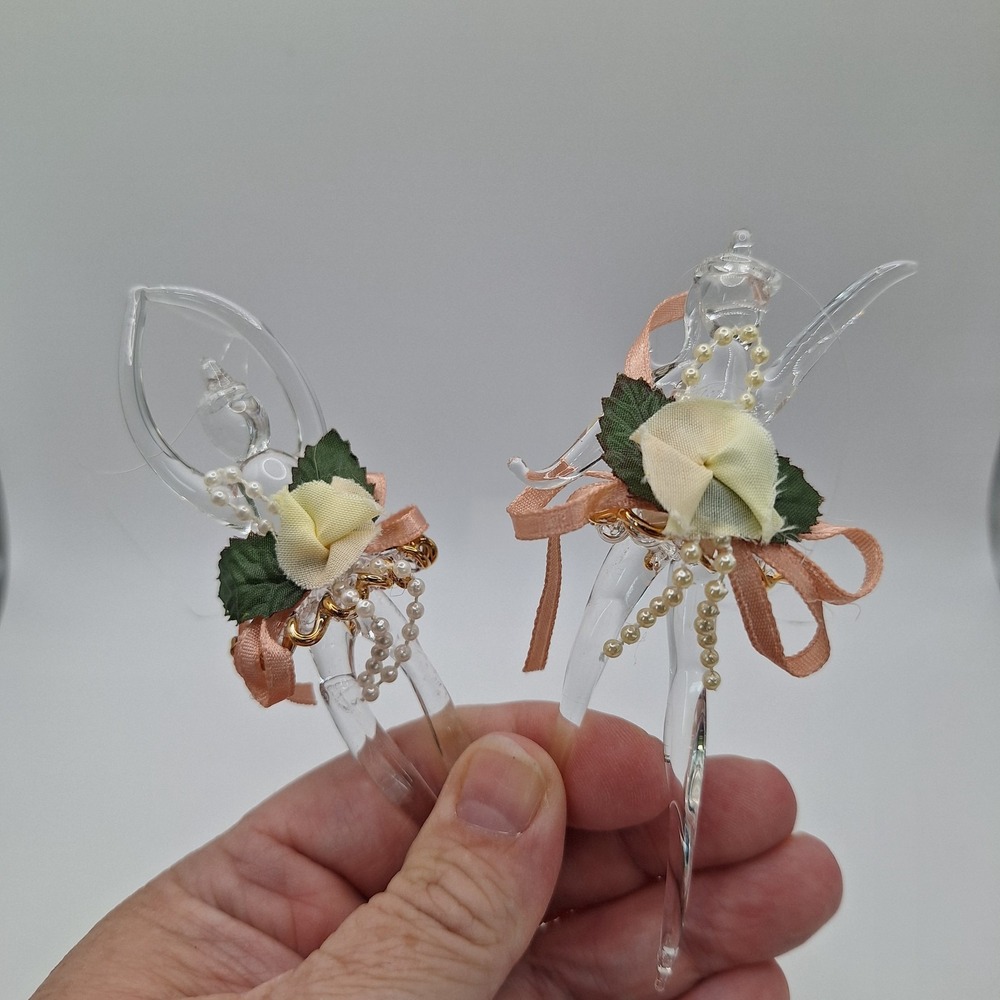 Two Hand Blown Spun Glass Ballerina Ornaments Decorated with Ribbon & Leaves